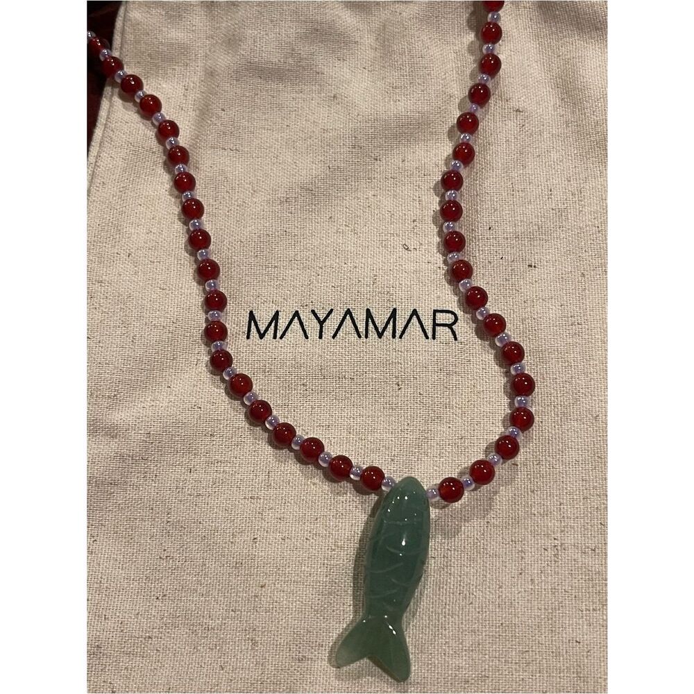 Mayamar Green Fish Pendant Necklace with Red & Purple Beads - Picture 3 of 11